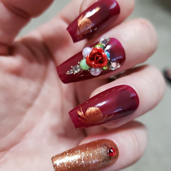 Medium Coffin Gel Press on Nails " Red Wine " - Picture 2 of 5